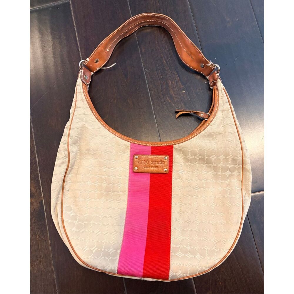 Kate Spade NY Stripe Shoulder Bag Tan Monogram Canvas Leather Trim Hobo Purse Cl